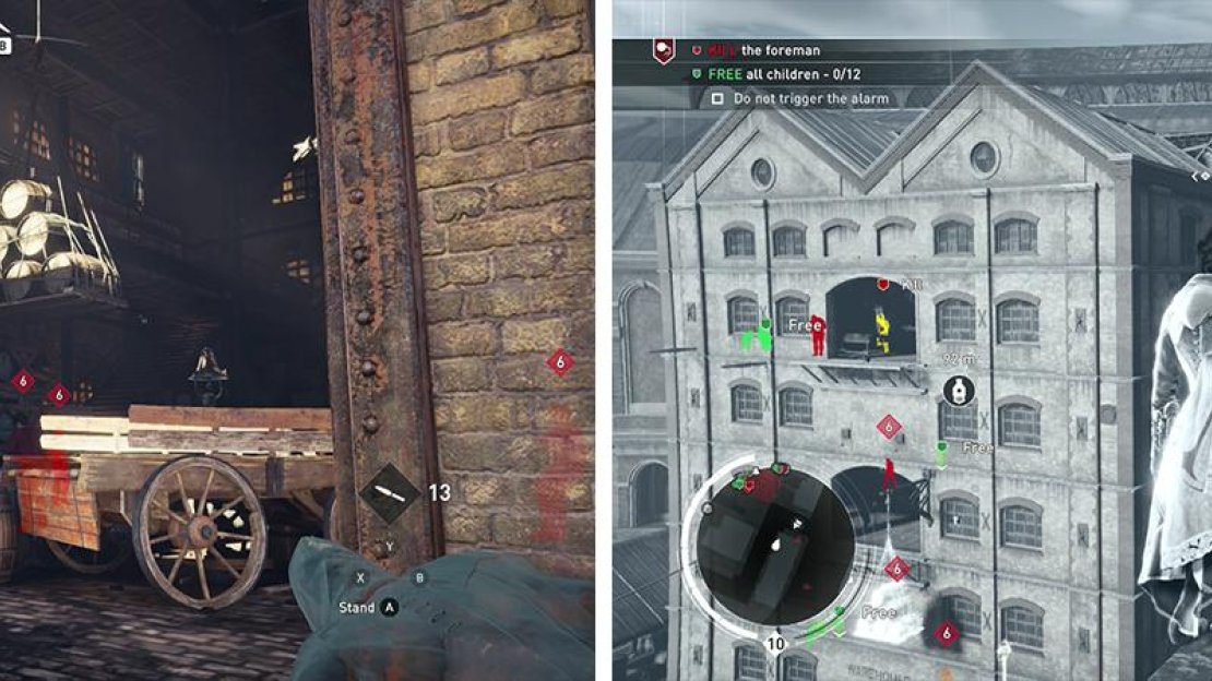 Use the hanging barrels and your throwing knives to clear a path to the alarm (left). Use the open window on the roof to get to the foreman silently (right).