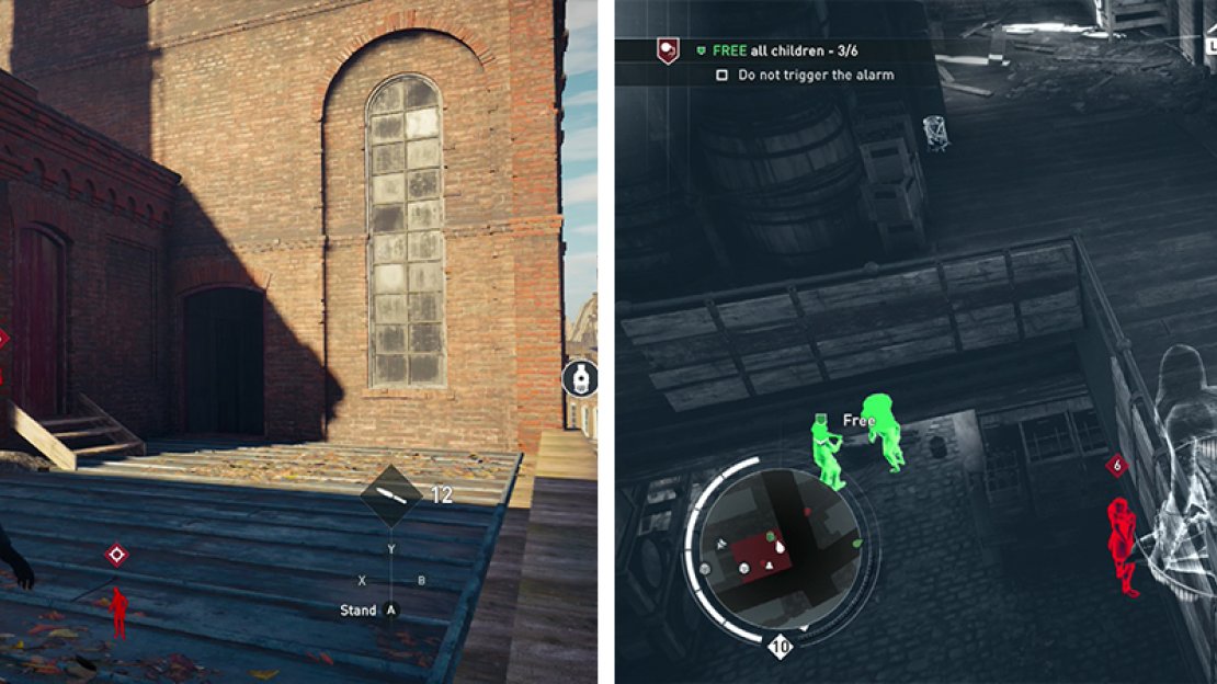 Enter via the rooftop to reach the foreman quickly (left). Work your way downwards through the building to find the children (right).