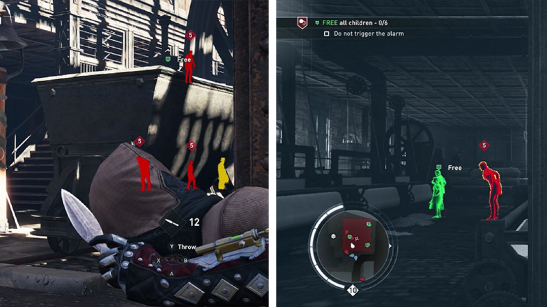 The alarm is just inside the western door (left). Two of the three groups of children can be found at ground level (right).