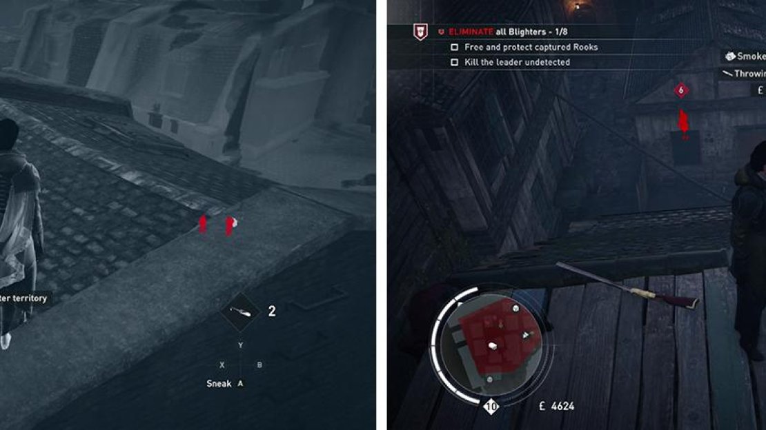 Tag the enemies using Eagle Vision from the rooftops (left). The Leader can be found in the courtyard with the Rook (right).