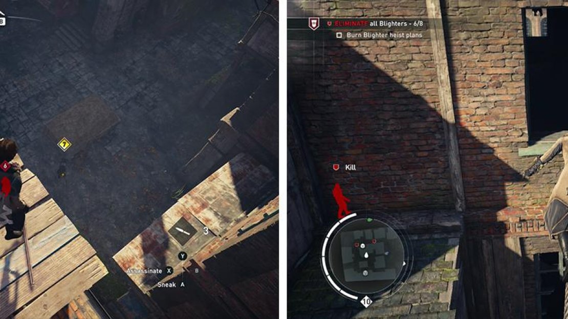 After assassinating the Leader undetected (left). Enter the building on the southwest side of the area for the heist plans (right).