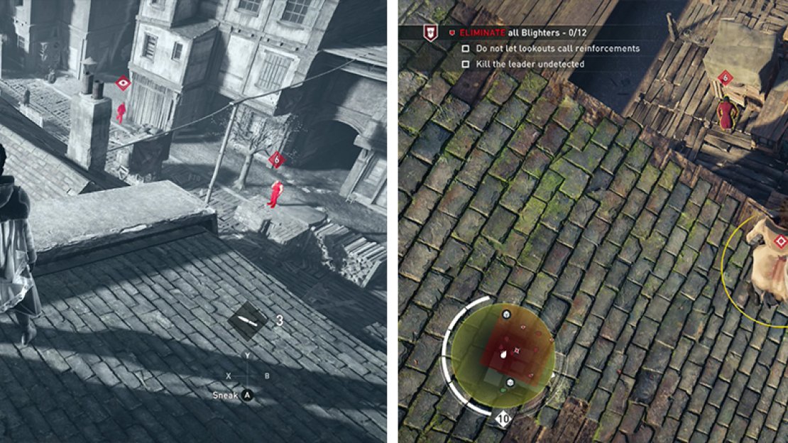 Tag the enemies using Eagle Vision from the rooftops (left). The Leader can be found in a loading area by the waterfront (right).