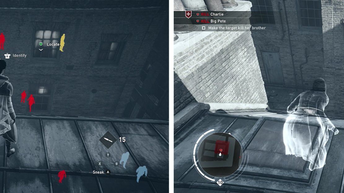 Kill the enemy in the window to draw the targets (left). Use the hallucinogenic darts to have them kill each other (right).
