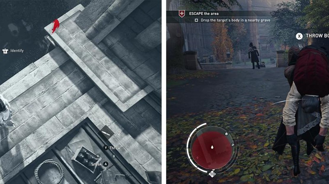 The target is in the graveyard (left). Once he is dead, drop his body in the marked grave (right).