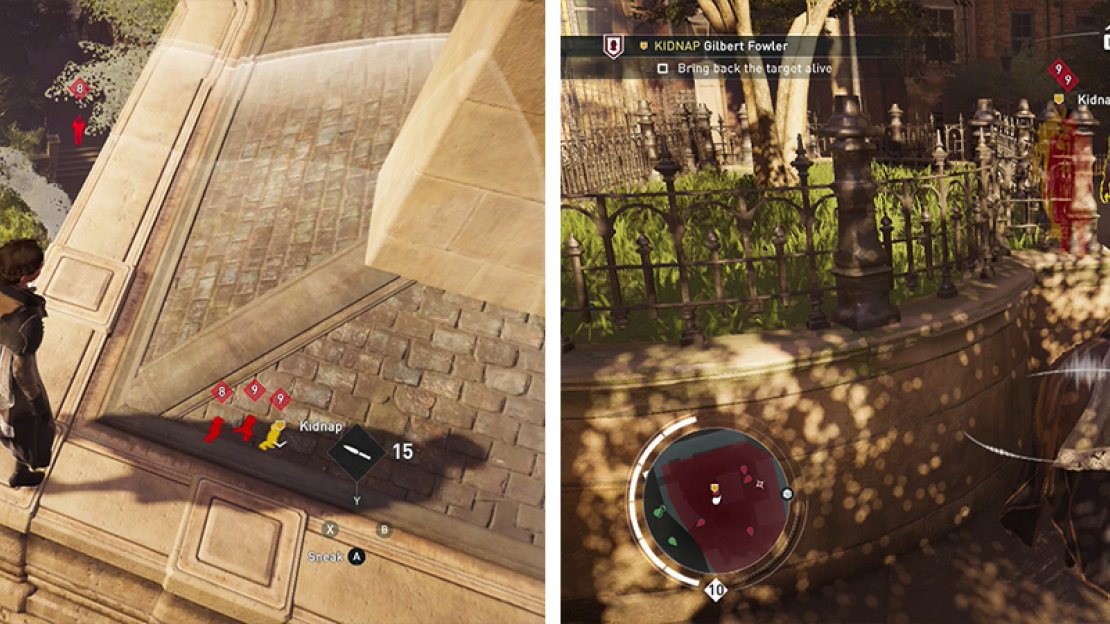 The target can be found at the base of the building(left). Sneak up behind and eliminate his bodyguards before grabbing the target (right).