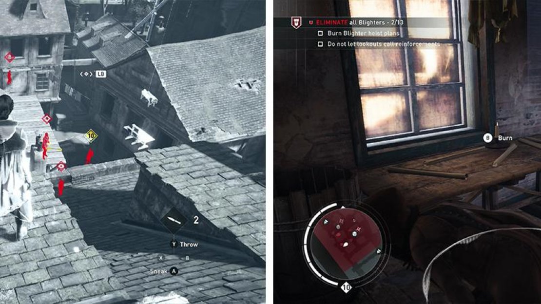 Tag the enemies using Eagle Vision from the rooftops (left). The heist plans can be found in the building in the south of the area (right).