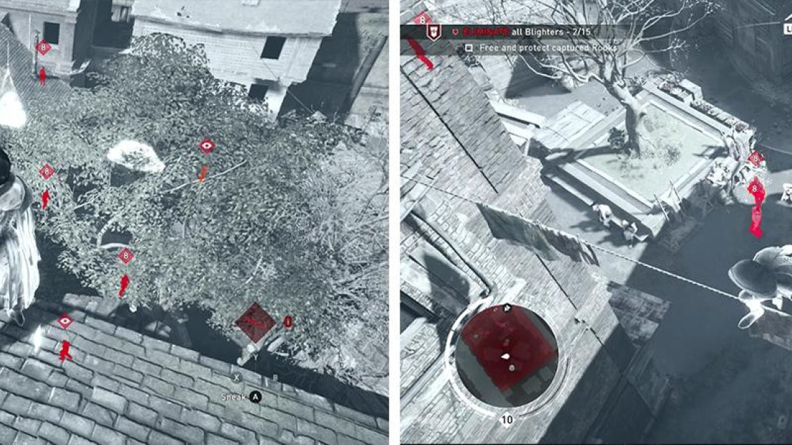 Tag the enemies using Eagle Vision from the rooftops (left). The first Rook is located in the courtyard (right).