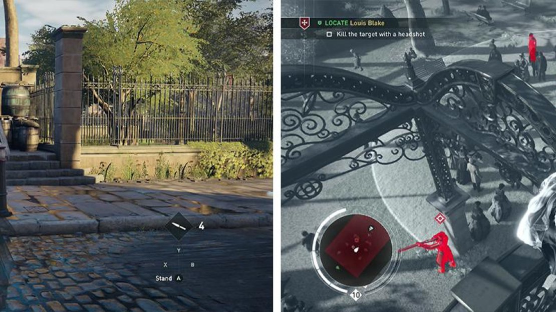 Use the route starting at the south end of the area (left). From the structure in the centre of the park you’ll be able to find and shoot the target (right).
