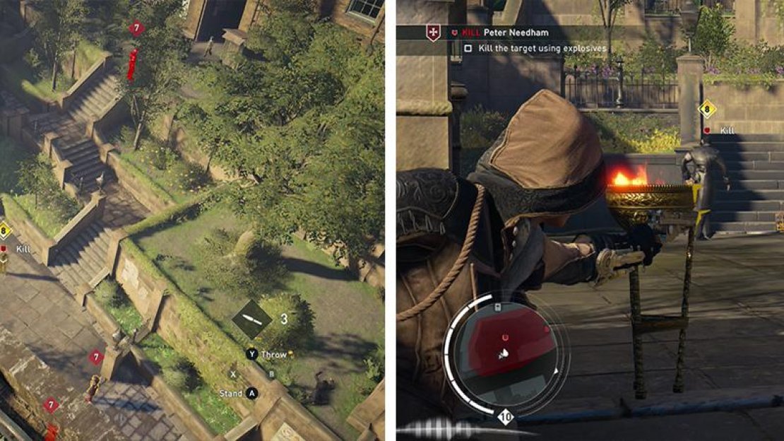The target will patrol by the fountain (left). Place explosives in his path and shoot them as he approaches (right).
