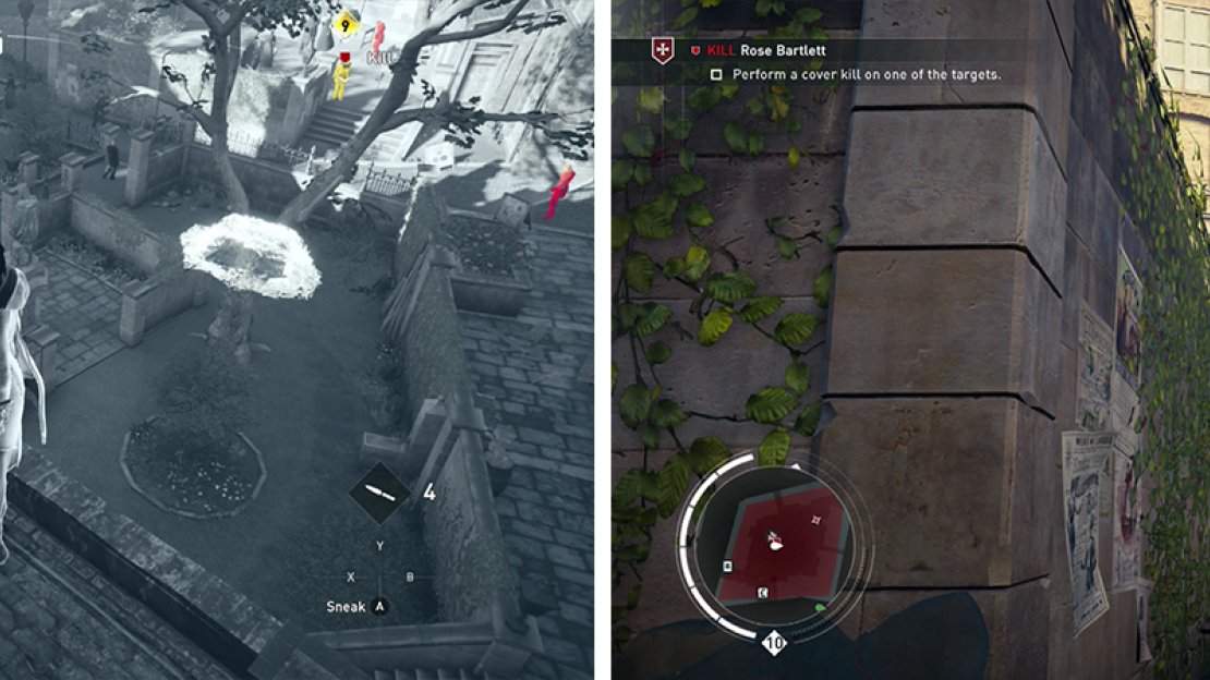 There are two targets in the memory area (left). Kill one using a corner takedown for the optional objective (right).