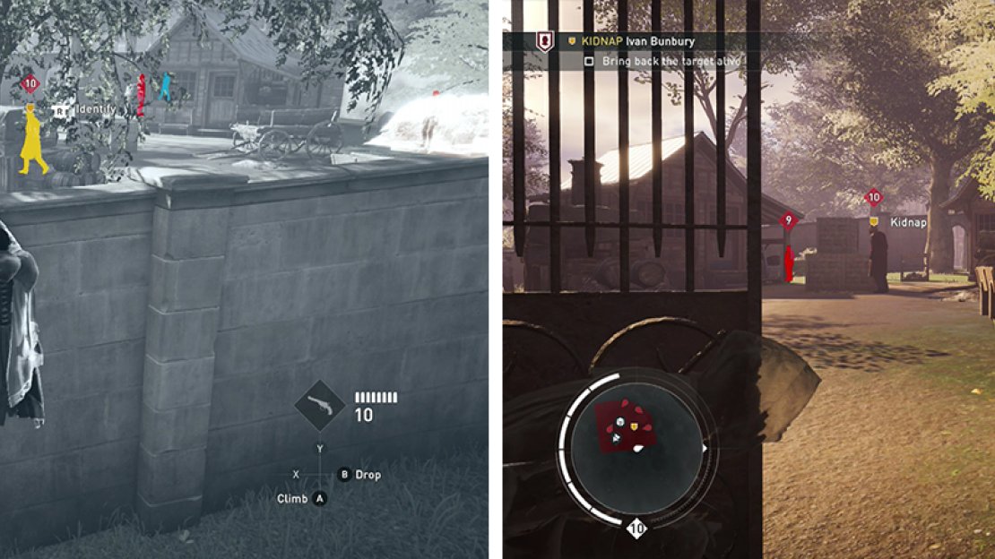 Tag the enemies in the walled area (left). Use the gate to corner take down guards (right).