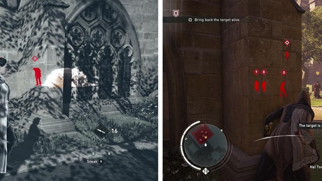 Tag the enemies in the restricted area (left). Use the south exit to kill an enemy so that the target comes to you (right).