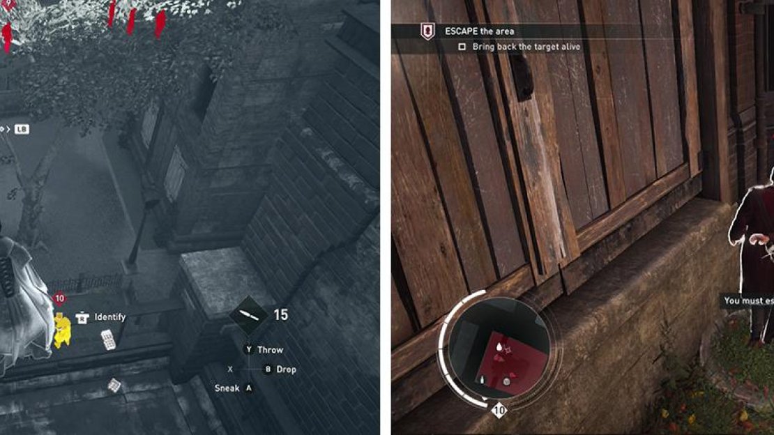 The target is by himself in the southwest corner (left). Escorting him out is tricky due to roadblocks - do so very slowly (right).