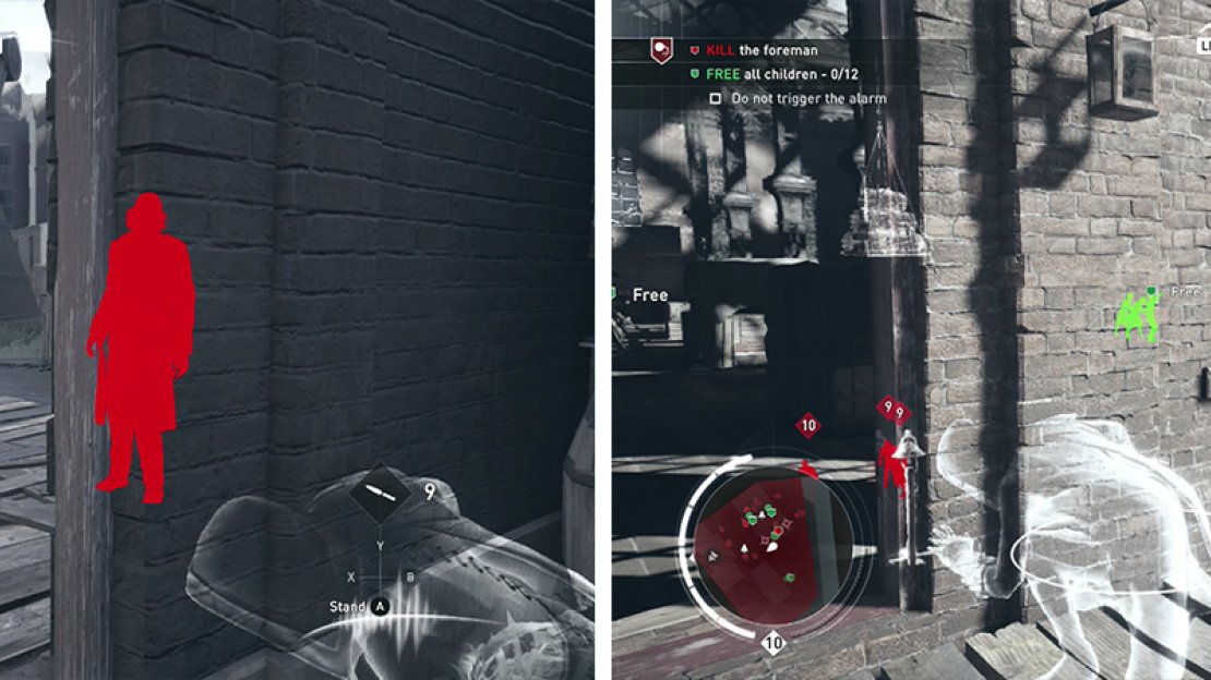 The first children are by the southwest building (left). Lure the Foreman to your position from the sniper platform on the southwest of the main building (right).
