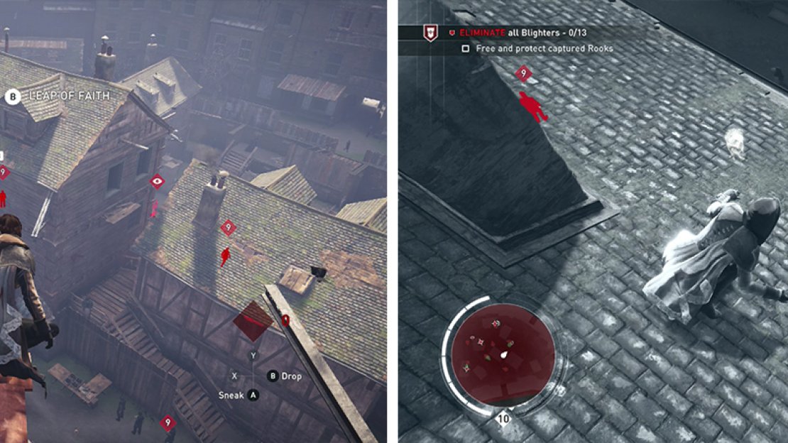 Tag the enemies using Eagle Vision from the rooftops (left). The first Rook is located in the courtyard (right).