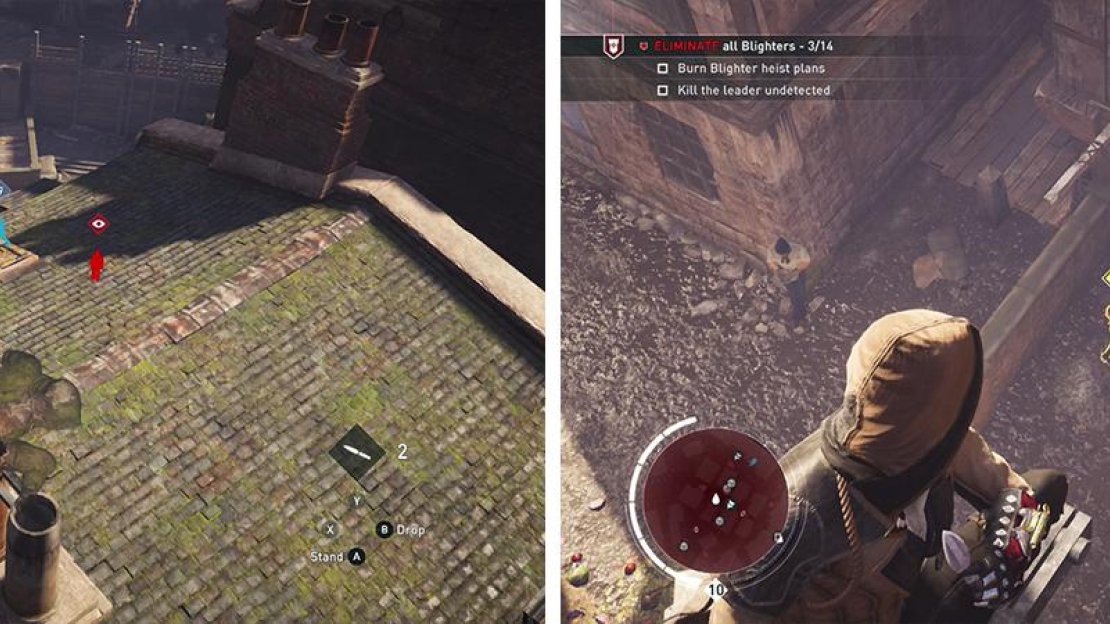 Tag the enemies using Eagle Vision from the rooftops (left). Use knives or an air assassination to kill the Leader undetected (right).