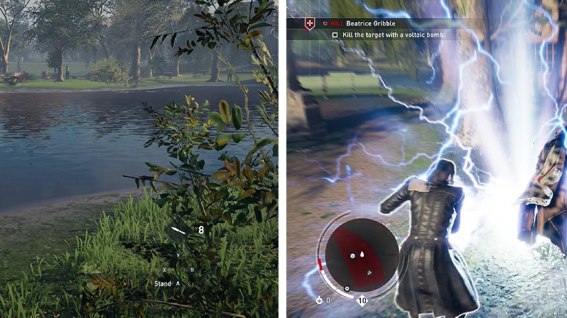 The target is on the small finger of land in the lake (left). Shoot her a few times before finishing her off with Voltaic Bombs (right).