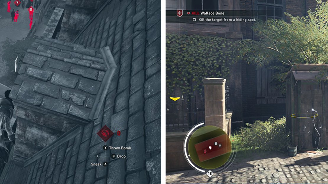 The target patrols up and down the alleyway (left). Use the curtain hiding spot to take him down (right).