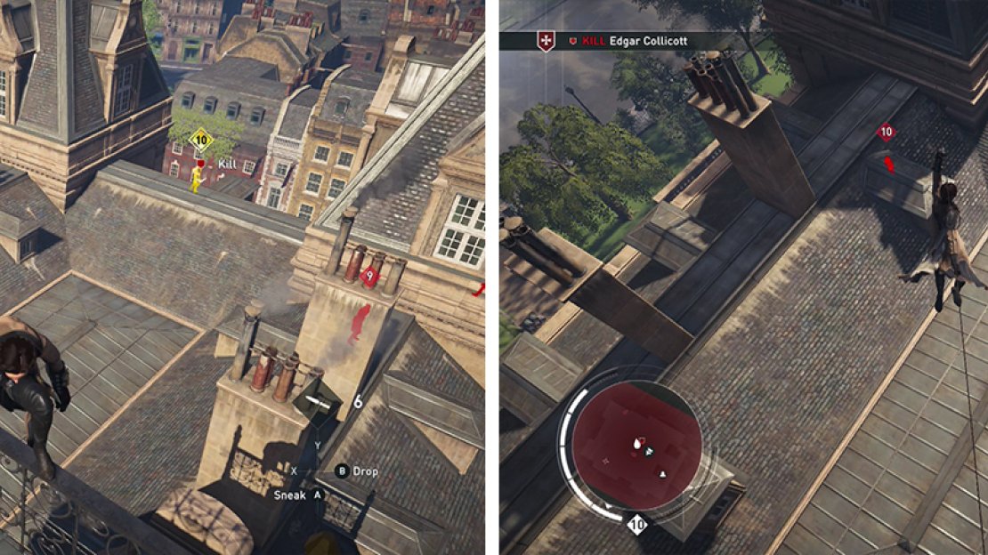 Both targets can be found on the roof (left). Use your Rope Launcher to air assassinate them via zip lines (right).