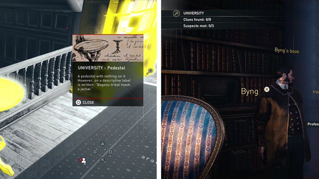 Loot the clues in the university (left) and then chat with the suspects (right).