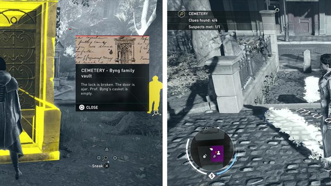After inspecting all of the clues in the cemetery (left) follow the muddy tracks (right) to the next search area.