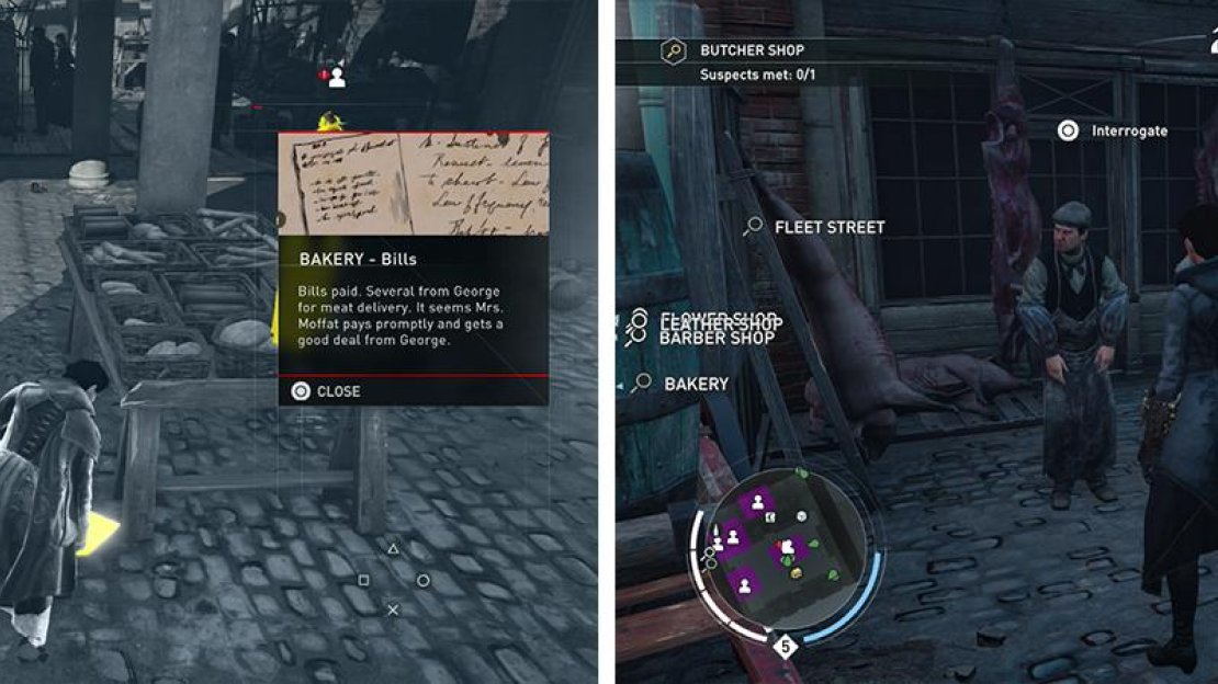 Collect the clues in the Bakery area (left) before heading to the Butcher and interrogating the suspect (right).