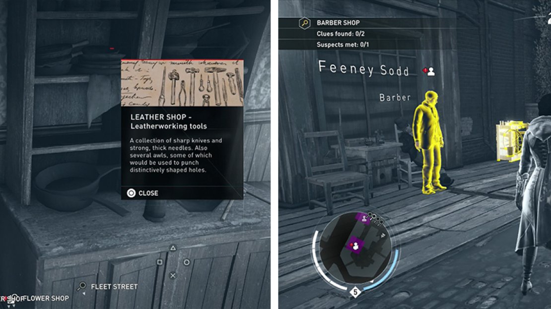 The Leather shop (left) and the Barber (right) are the final two search areas - be sure to grab all the clues!