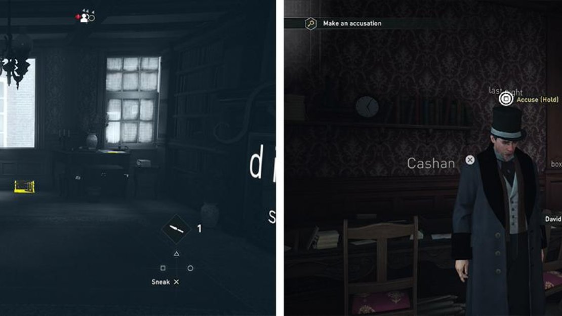 Loot the clues in the Golden’s Room (left) and then chat with the suspect (right).