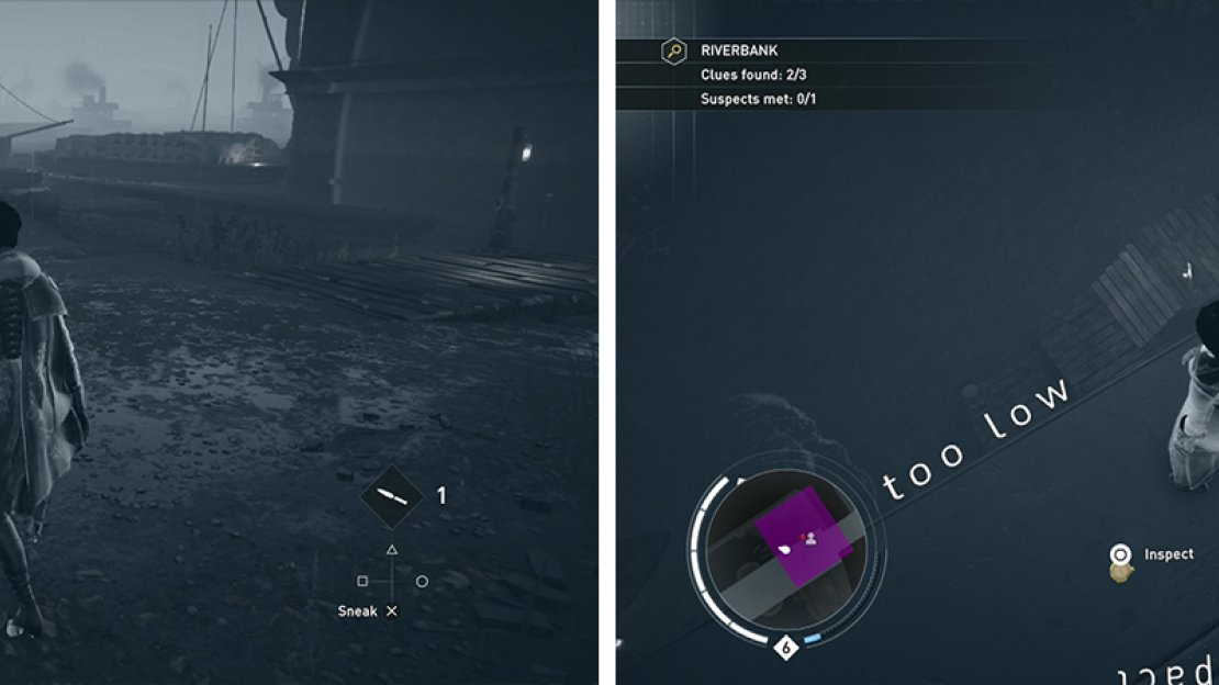 Inspect the body (left) and then the Riverbank crime scene (right).