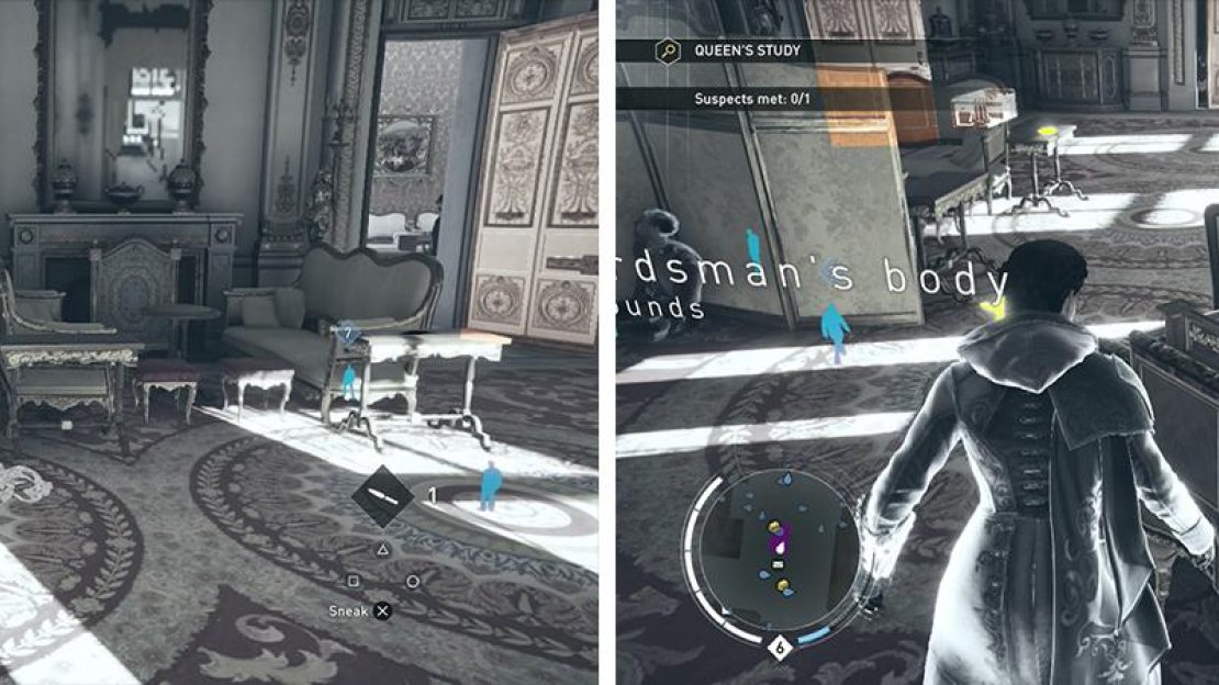 Inspect the body (left) and then the clues in the Queen’s Office search area (right).