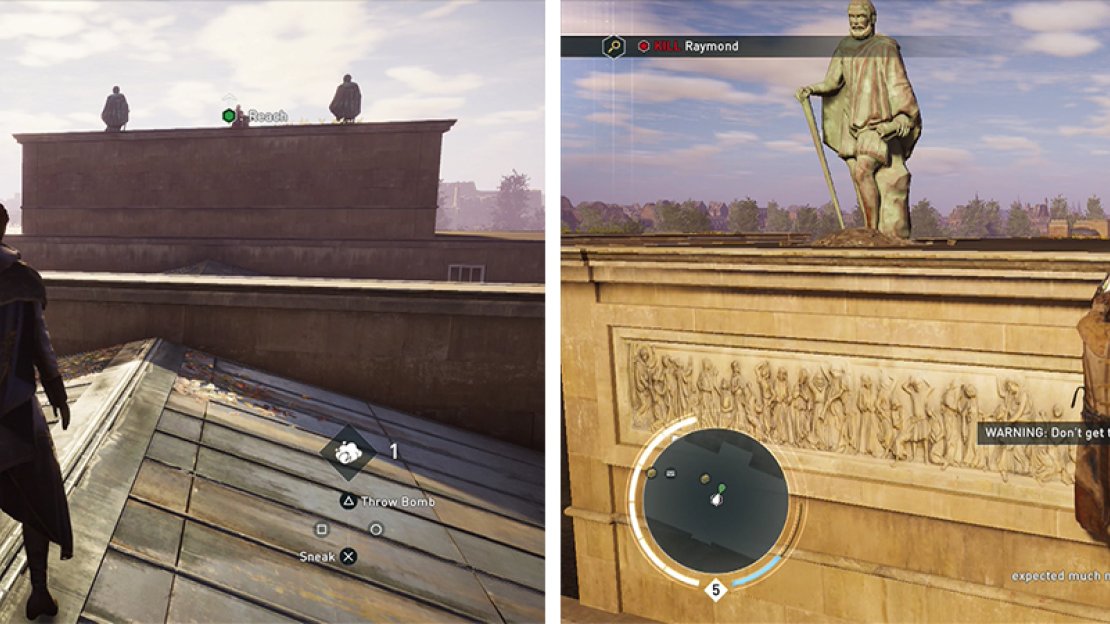 The target will retreat to the roof (left). Stay out of his line of sight, sneak up and kill him (right).