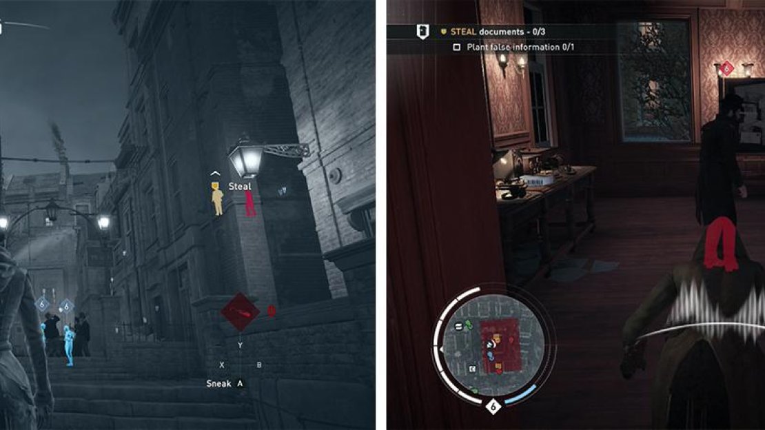 Use Eagle Vision to tag enemies/targets as you approach (left). The false information can be planted on the second floor (left).