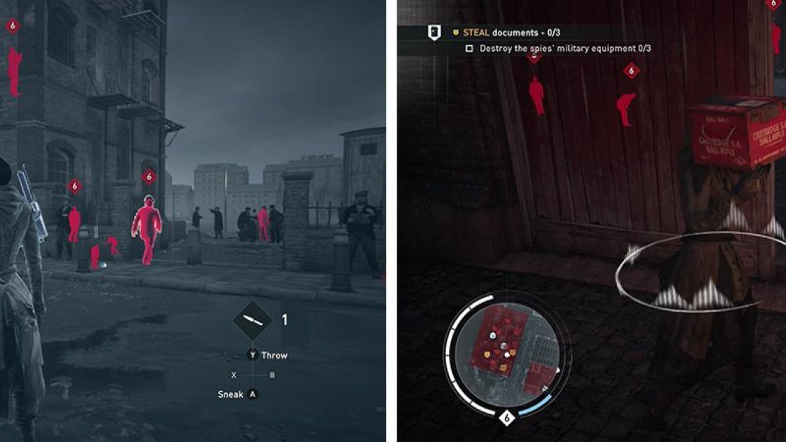Use Eagle Vision to tag enemies/targets as you approach (left). Destroy the military equipment using dynamite (right).
