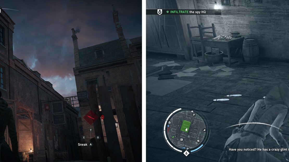 Locate the target building (left). The Spy HQ can be found on the second floor (right).