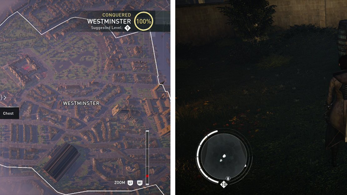 The Treasure Chest icon on the world map (left) and what they look like in-game (right).