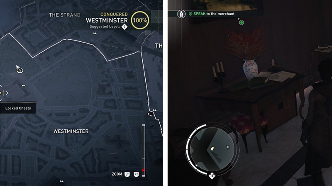 The Locked Treasure Chest icon on the world map (left) and what they look like in-game (right).