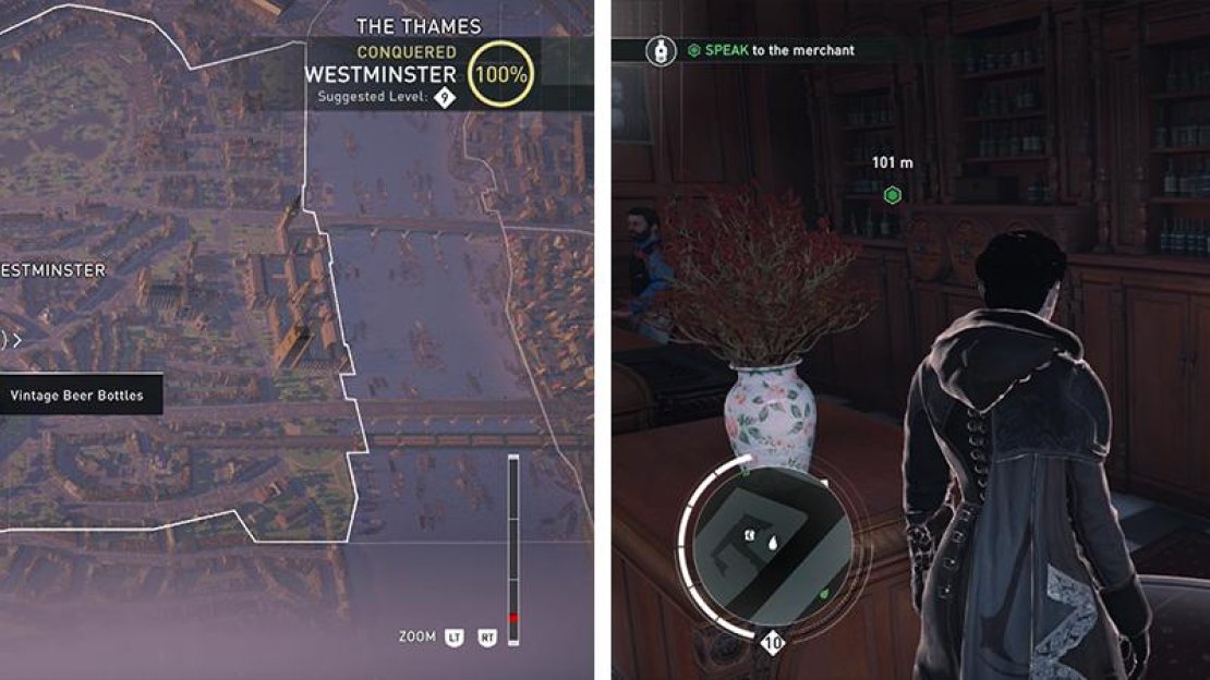 The Beer Bottle icon on the world map (left) and what they look like in-game (right).
