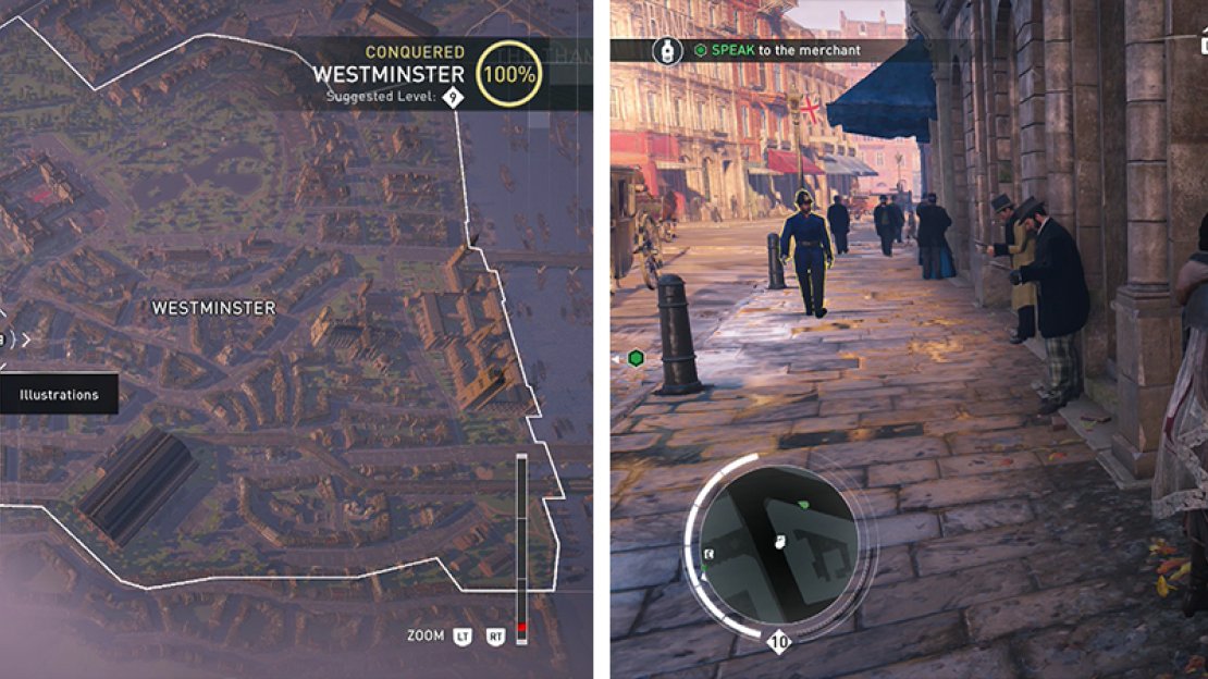 The Illustration icon on the world map (left) and what they look like in-game (right).