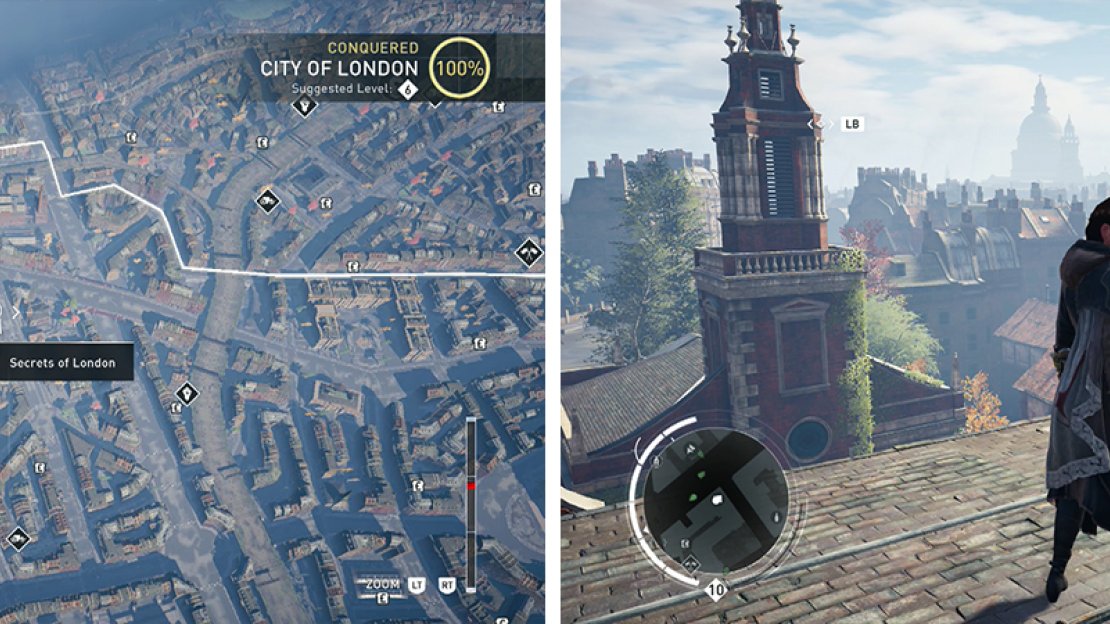 The Secrets of London icon on the world map (left) and what they look like in-game (right).