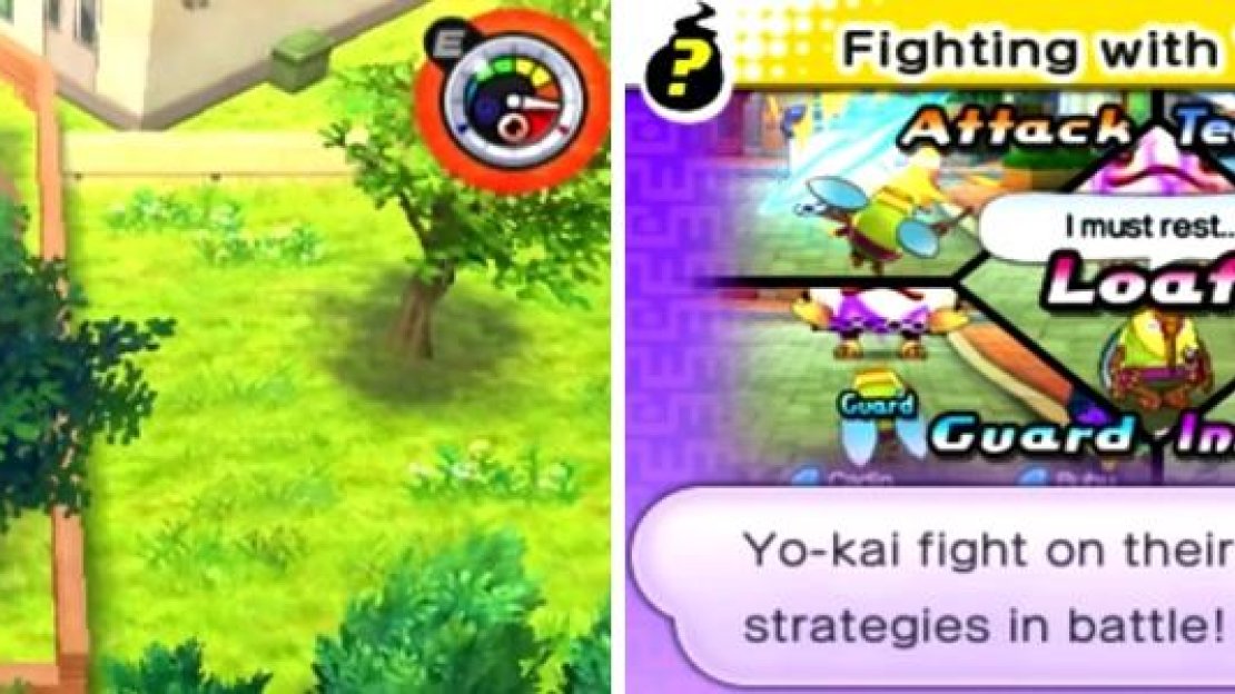 The radar in the upper right will indicate when a Yokai is near (left). You have no control over what a Yokai does during battle (right).