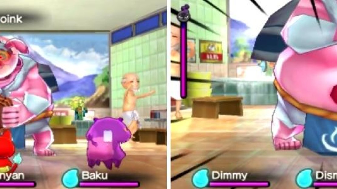 Target Sproink’s face (left) until he covers it with a bucket, reveal his weak spot, the belly button (right).