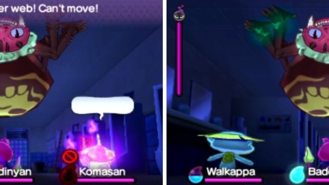 Tarantutor likes to inspirit your Yokai (left). Target its legs to send to the ground (right), where you will be free to attack.