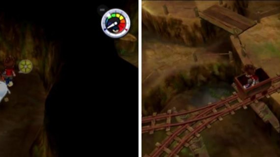 Make sure the switch in the upper left of the tunnel (left) is facing right before you use the minecart (right) to reach the area with Mad Mountain.