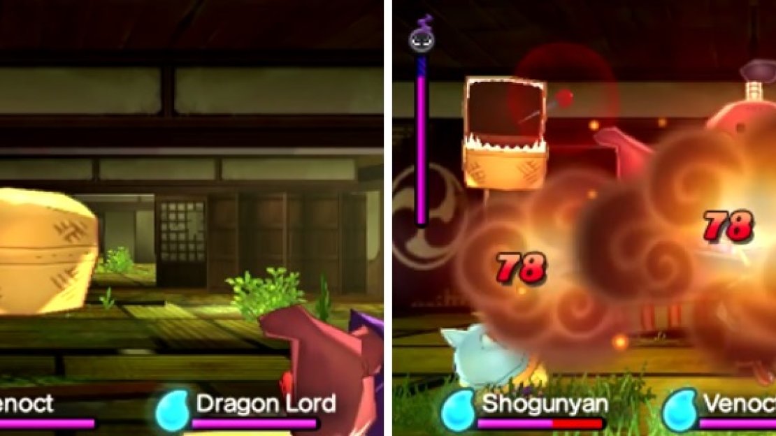 You’ll have to hit one of the two baskets (left) to proceed in the battle. If you guess wrong, then bad things will happen (right).