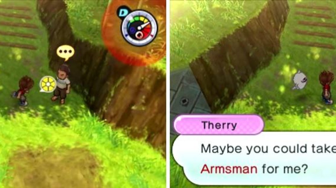 Favors are marked by orange icons on your map (left) and will usually have you finding an item or defeating a specific Yokai (right).