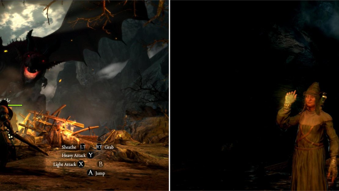 The Dragon makes an early appearance, and goads you into chasing it down (left). Touch the Riftstone to summon up more support (right).