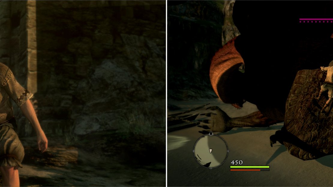 When the Dragon approaches, you’ll arm yourself with the cowardly soldier’s discarded weapon (left). You can’t do much in your first, fateful encouter with the Dragon, but prove your mettle and make a nuisance of yourself anyways! (right).