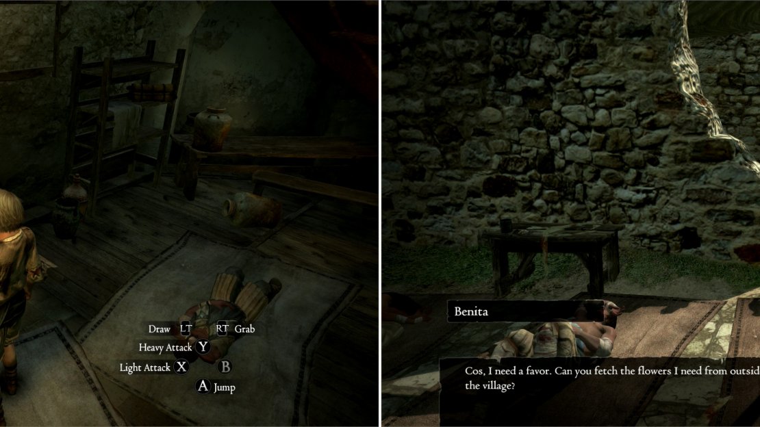 Pick your vocation by investigating the collection of rusty weaspon (left). This choice will affect your starting stats, and your stat gains for the first few levels. Benita, the healer, needs your help in finding some components so she can ply her trade (right).