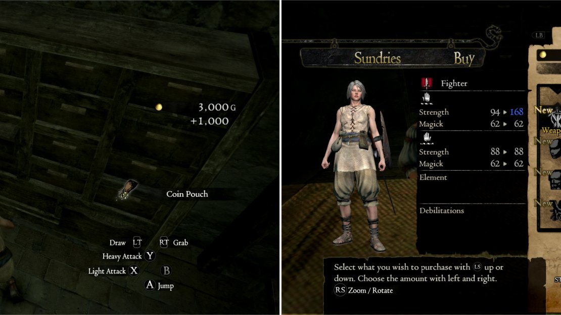Search around Cassardis, you never know where you may find some money stashed away… (left) You can use these found funds to arm and armor yourself with more worthy gear (right).