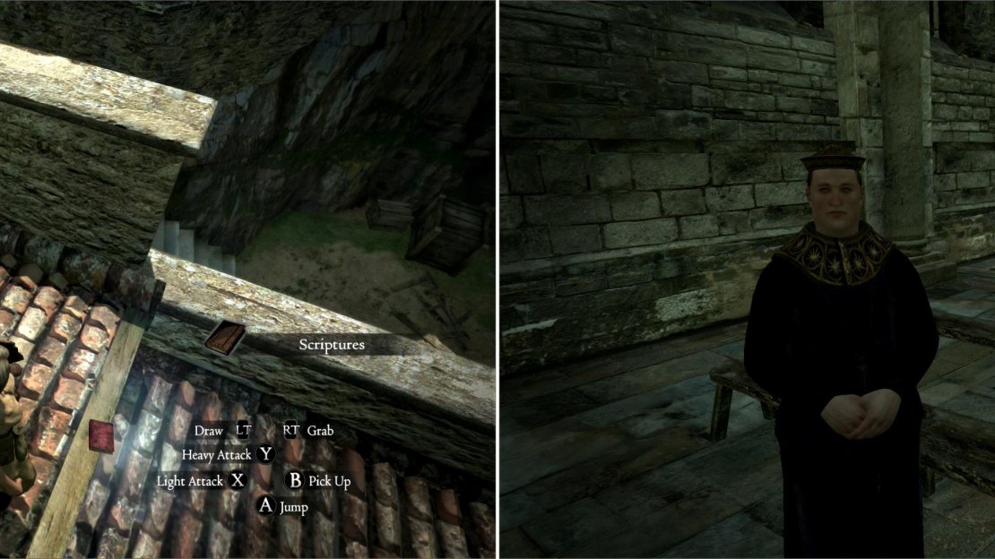 Find the missing Scriptures on a roof near the chapel (left) then deliver them safely back to Clemente for a modest quest reward (right).